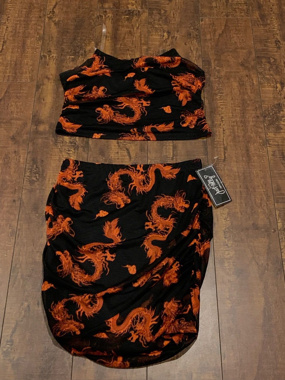 Just Polly black and red dragon-print mesh crop top and ruched skirt two-piece L